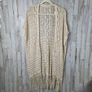 Pink Rose Fringed Boho Open Knit Cardigan Kimo Cream Size Large